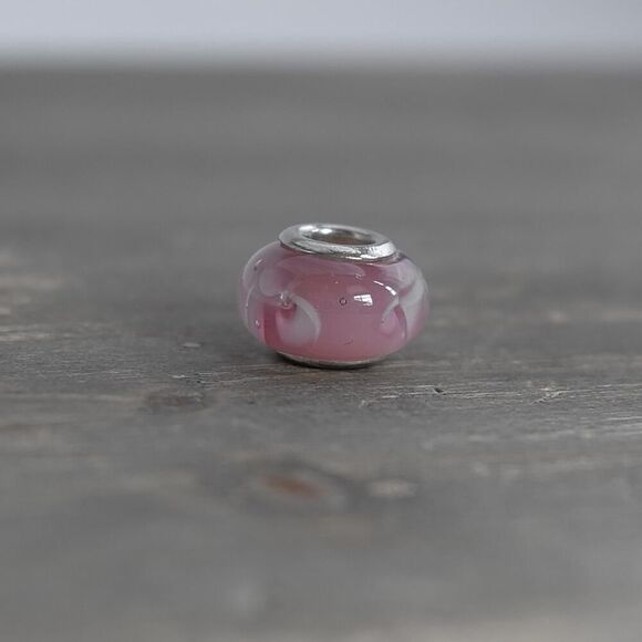 Murano Glass Style Pink Spacer Charm Bead Silver Tone Floral Pattern 5mm Opening - Picture 1 of 5
